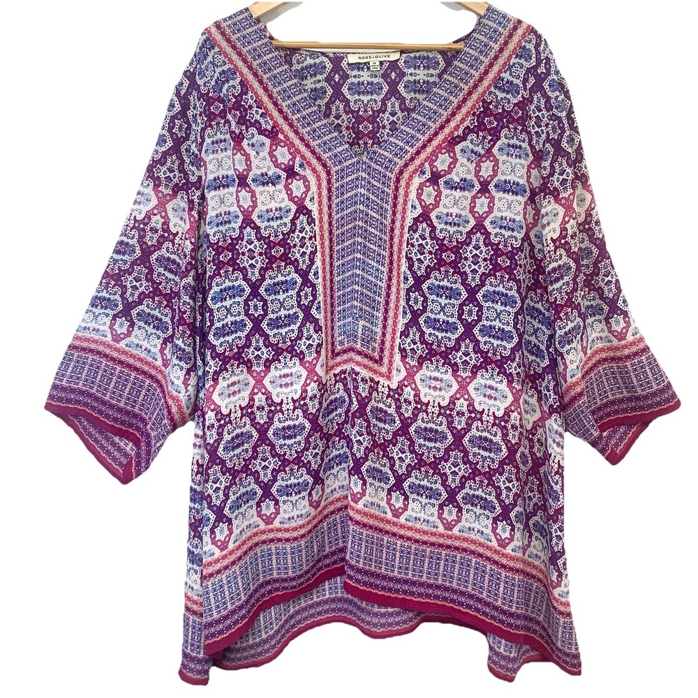 Rose & Olive Colorful V Neck  Tunic Top Woman 2X Long Line Boxy Flowy Boho
